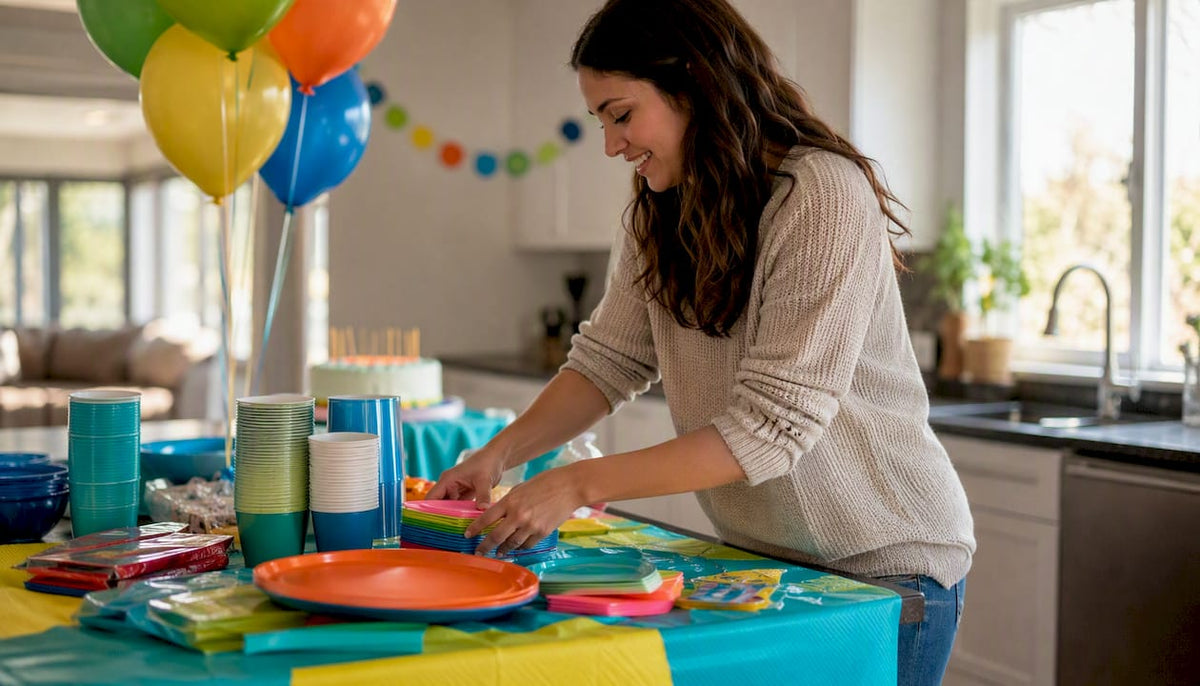 Hands unpacking party supplies on table