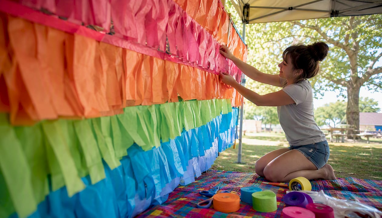 Hands assembling a layered crepe streamer backdrop