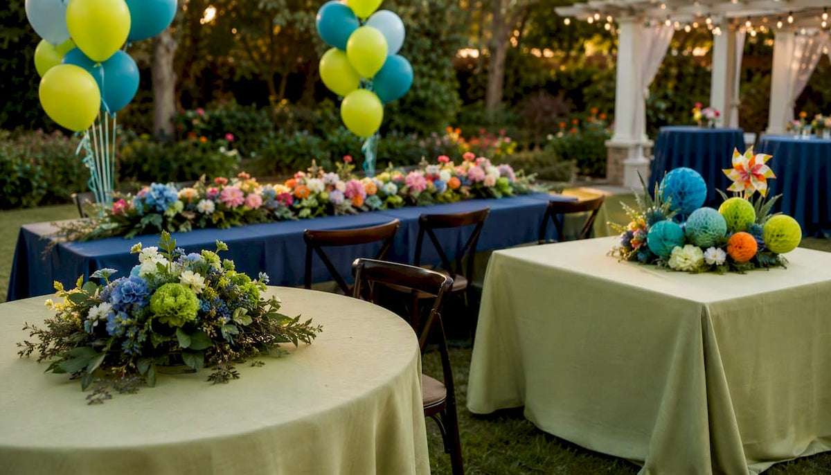 Various event centerpieces on differently shaped tables
