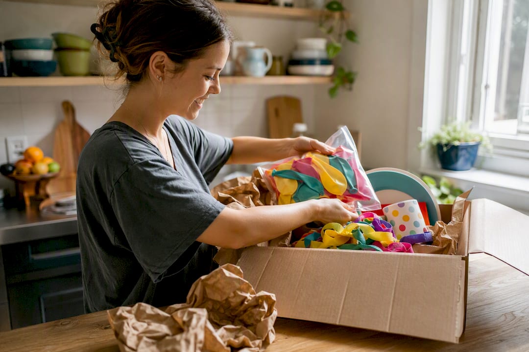 Hands unpacking bulk party supplies from box