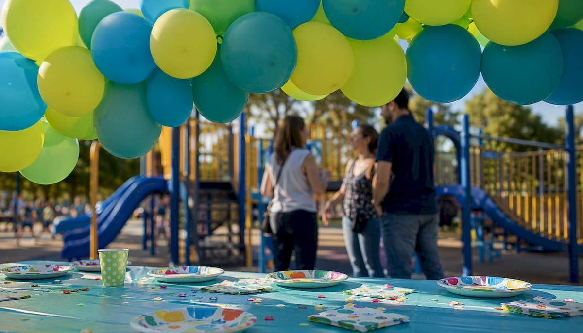 Backyard party balloon arch with weighted base
