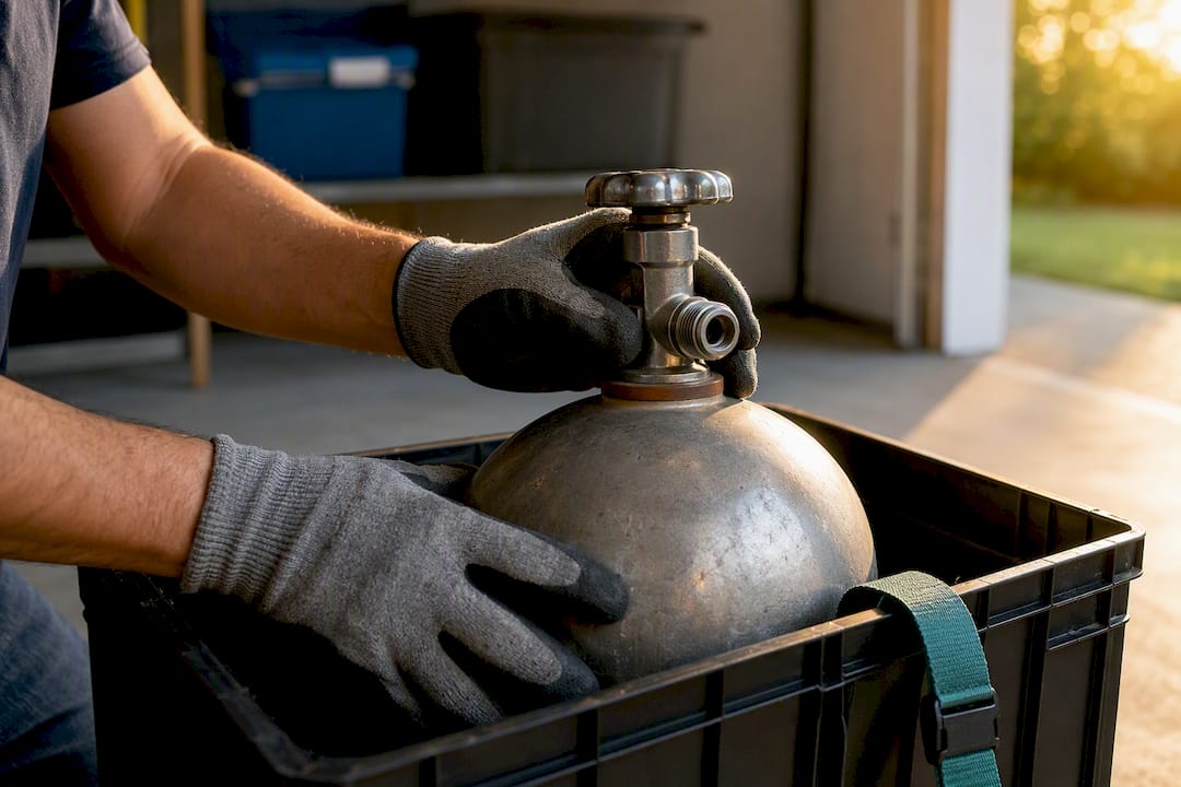 Hands inspecting helium cylinder valve safely