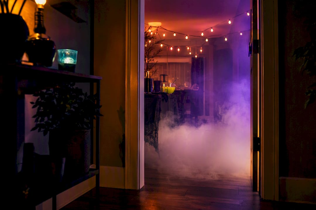 Fog and warm lights at Halloween party entrance