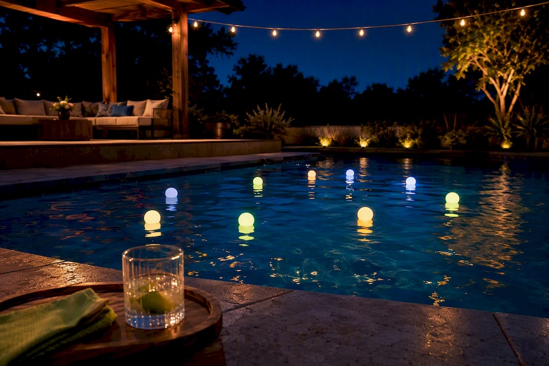 Pool deck glowing with string lights and floating LEDs