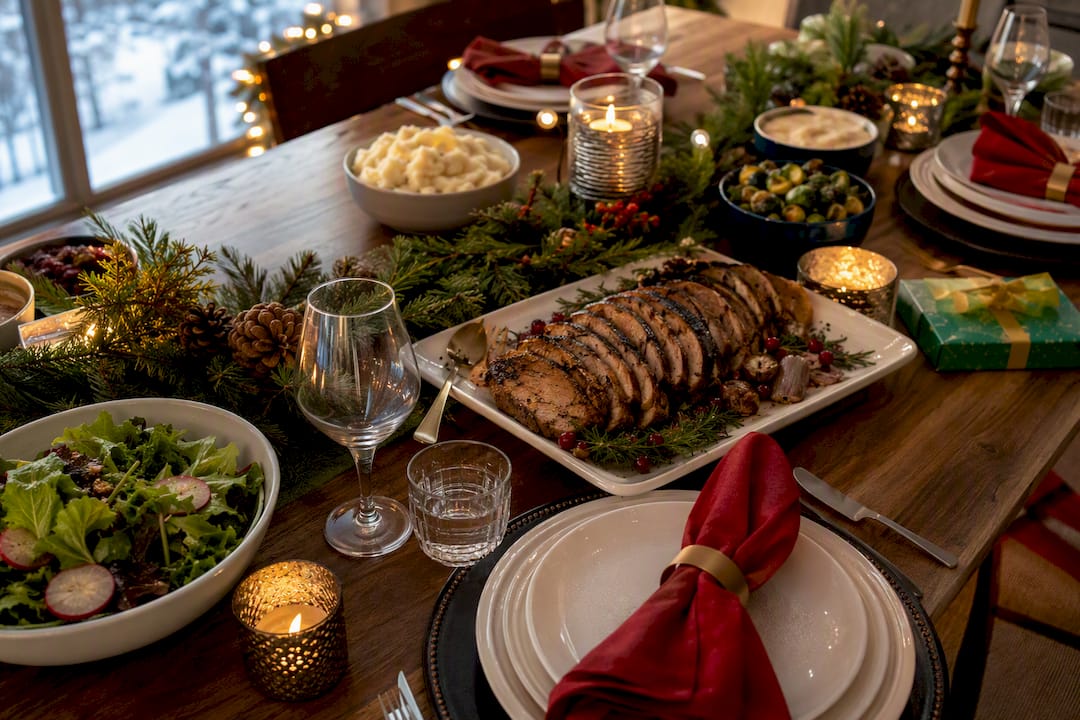 Festive Christmas party table with food and decorations
