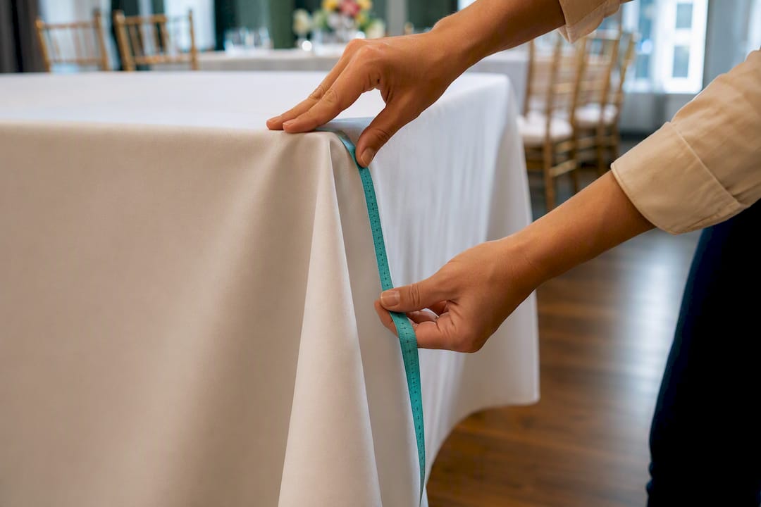Hands measuring tablecloth drop at event table