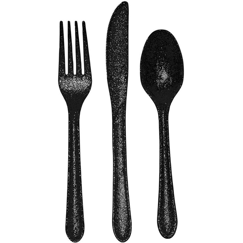 Glitz Black Glitter Plastic Cutlery Assortment