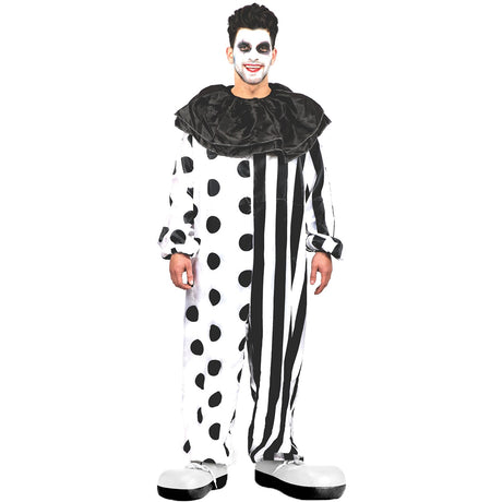 Model wearing Lola Stars men's clown costume: half polka-dot, half striped black and white jumpsuit with black ruffle