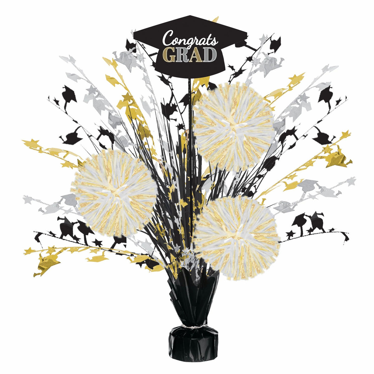 Congrats Grad Tinsel Centerpiece Black, Gold & Silver (1ct)