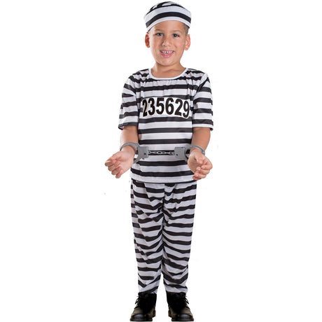 Model wearing Lola Stars boys' prisoner costume: black-and-white striped shirt with number, striped pants and cap