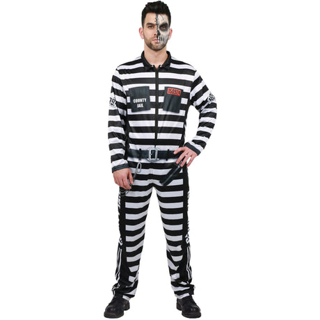 Model wearing Lola Stars men's prisoner costume: black and white striped jumpsuit with County Jail and number patches