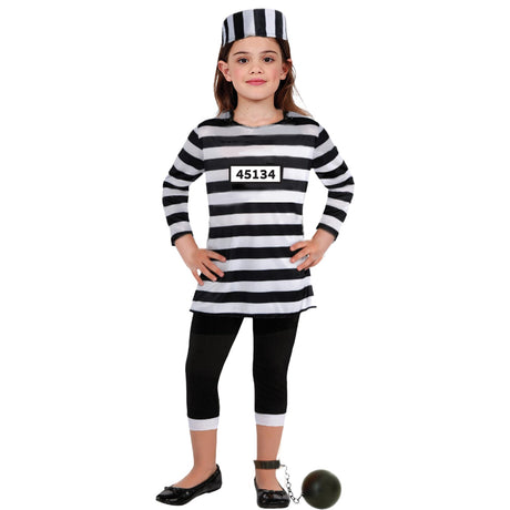 Model wearing Lola Stars girls' inmate costume: striped shirt with number patch, black cropped pants and striped cap