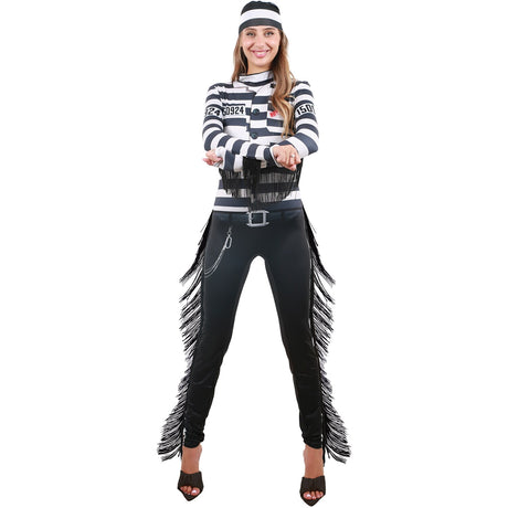 Model wearing Lola Stars women's convict costume: printed striped inmate jumpsuit with black fringe and striped hat
