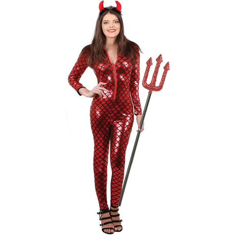 Model wearing Lola Stars women's devil costume: shimmering red scale-print jumpsuit