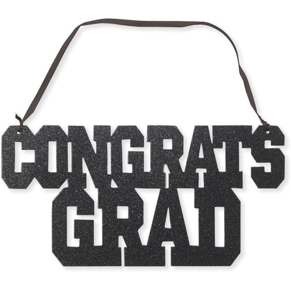 Glitter Sign w/ Ribbon Hanger, Congrats Grad Black