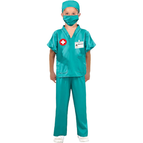 Model wearing Lola Stars boys' doctor costume: teal scrub top and pants, teal scrub cap and face mask