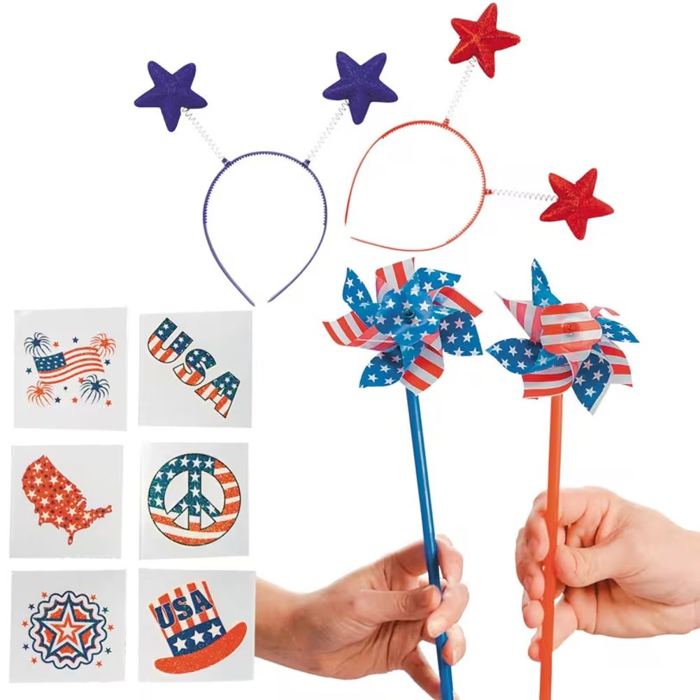 Pinwheel, Head Bopper & Tattoo Patriotic Party Favor Kit