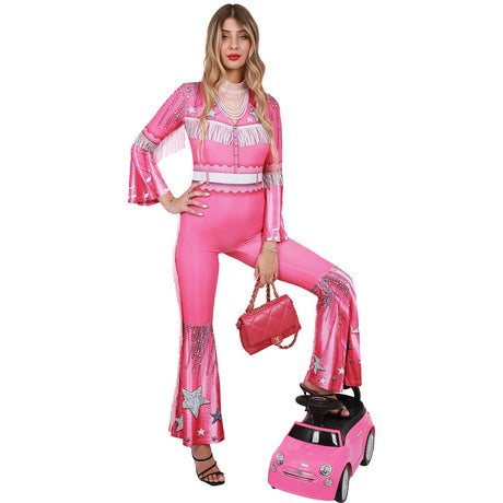 Model wearing Lola Stars women's disco costume: hot pink jumpsuit with white fringe, silver stars and bell-bottom legs