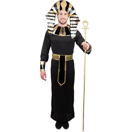 Model wearing Lola Stars men's pharaoh costume: black robe, gold belt, black-and-gold neckpiece and striped headpiece
