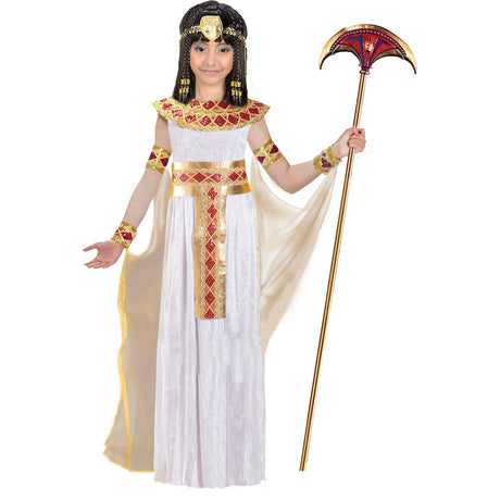 Model wearing Lola Stars girls' Cleopatra costume: white robe, gold jeweled belt, red-and-gold neckpiece and gold headpiece