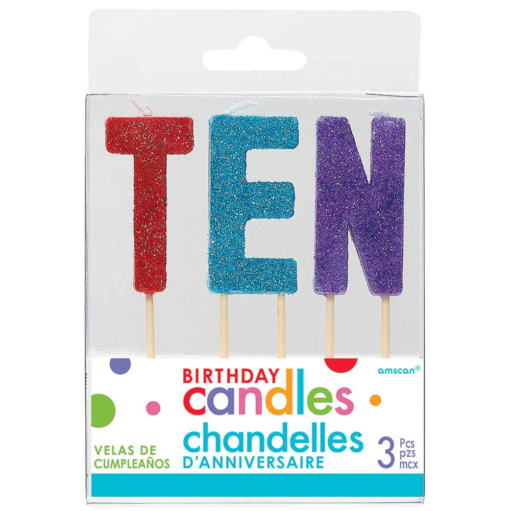 Glittered Birthday Pick Candle Set - TEN