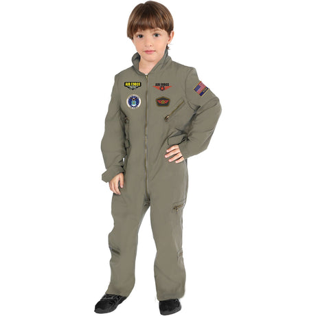 Model wearing Lola Stars boys' pilot costume: olive-green flight suit jumpsuit with chest and sleeve patches