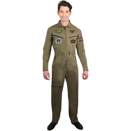Model wearing Lola Stars men's aviator costume: olive-green one-piece flight suit with pilot-style patches