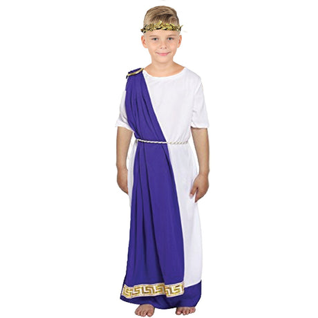 Model wearing Lola Stars boys' Greek god costume: white robe with purple drape, rope-style belt and gold leaf headband