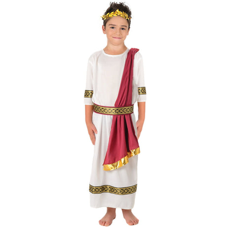 Model wearing Lola Stars boys' Greek god costume: white robe with red drape, gold belt and gold laurel headband