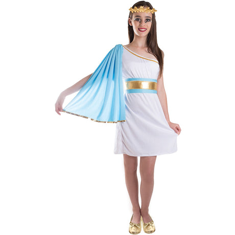 Model wearing Lola Stars teen girls' Greek goddess costume: white one-shoulder dress, blue cape and gold laurel headband