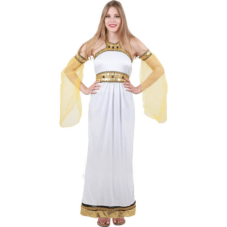 Model wearing Lola Stars women's Greek goddess costume: white halter gown with gold trim and gold armbands with sheer sleeves