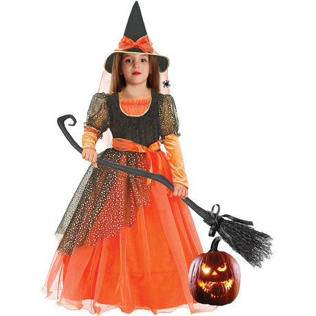 Model wearing Lola Stars girls' witch costume: orange and black glittery tulle dress and pointed black witch hat