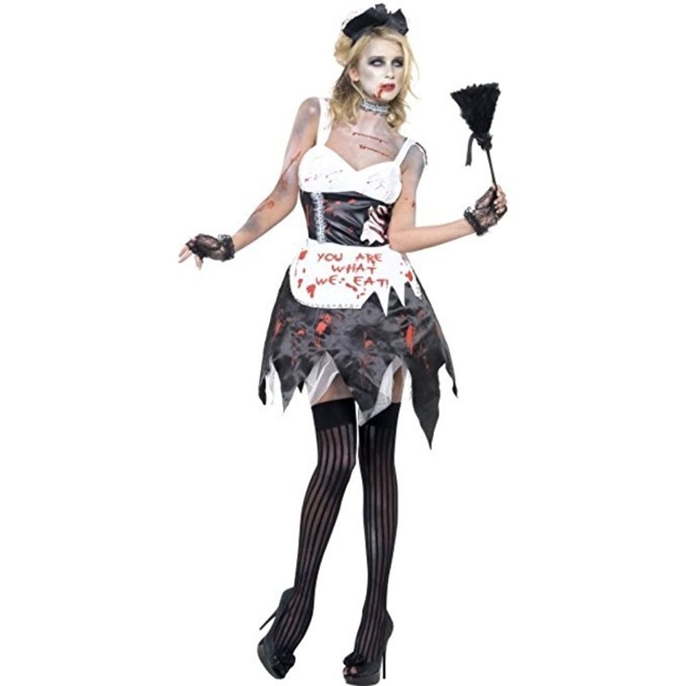 Zombie French Maid Costume with Dress Latex Collar Headpiece and Apron
