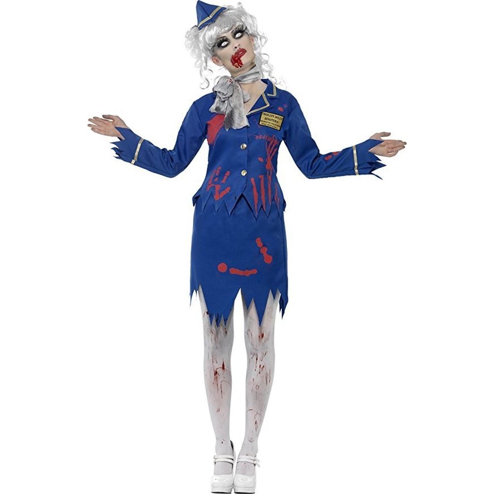 Zombie Air Hostess Costume Blue with Jacket Skirt Hat and Scarf