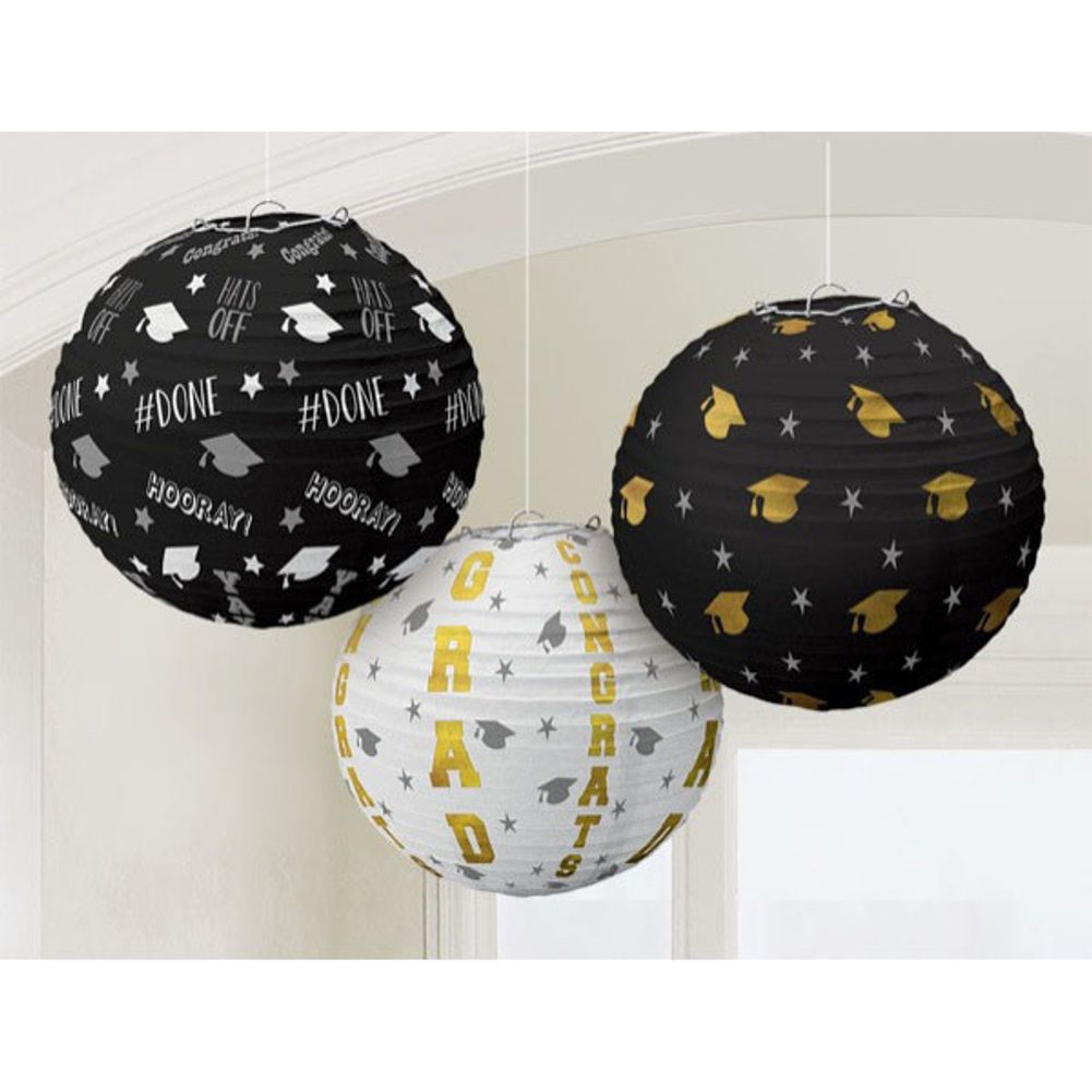 Black, Gold, & Silver Congrats Grad Hanging Lanterns (3 ct)