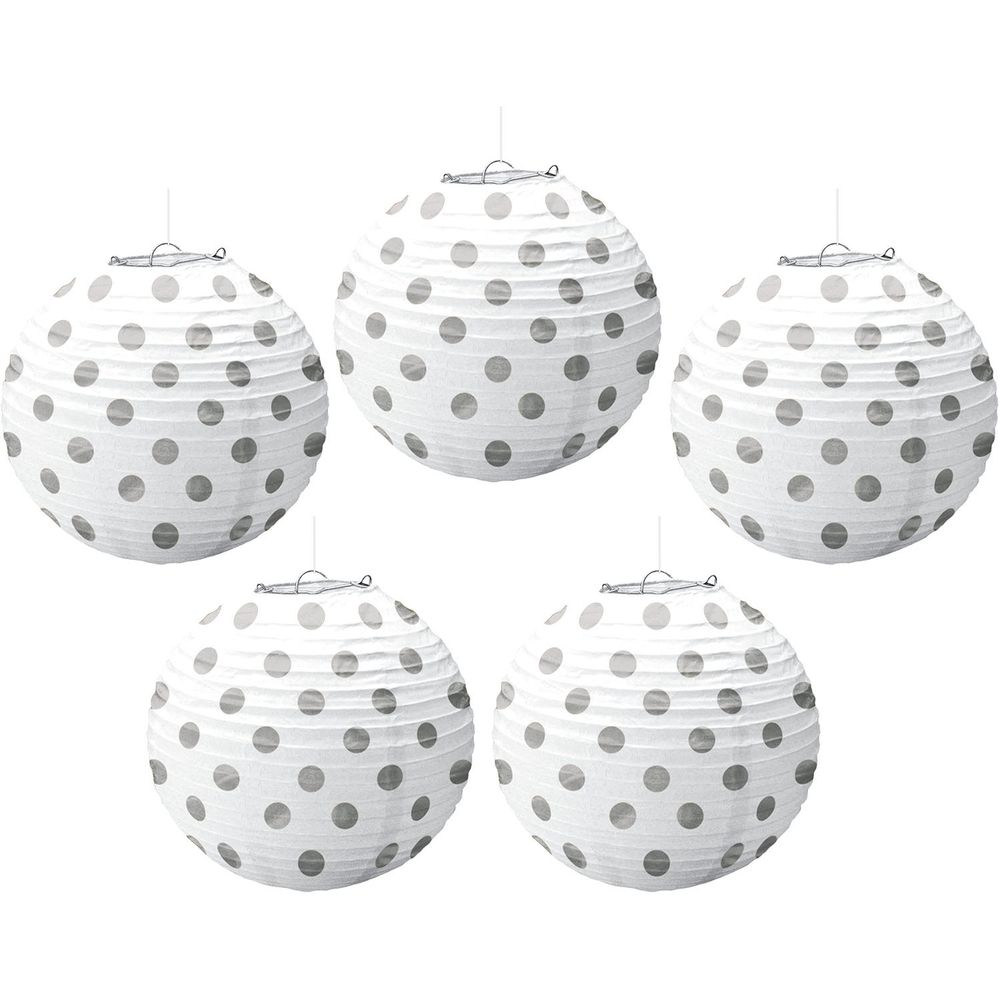 White with Silver Mini Polka Dot Hanging Lanterns, 5ct