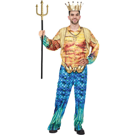 Model wearing Lola Stars men's sea king costume: gold and blue-green scale-print jumpsuit and gold crown