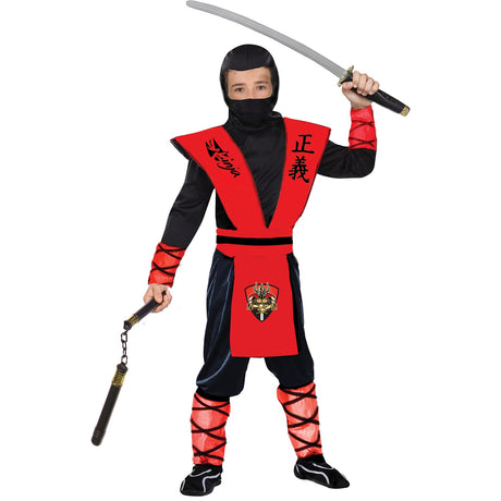 Model wearing Lola Stars boys' ninja costume: black shirt and pants, red dragon-print vest, red belt and black hood