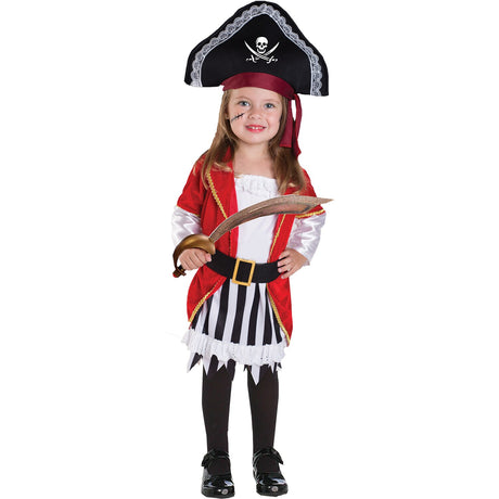 Model wearing Lola Stars toddler pirate costume: red gold-trimmed shirt, striped skirt and skull-emblem pirate hat
