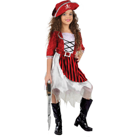 Model wearing Lola Stars girls' pirate costume: red and white striped dress and red tricorn hat with skull emblem