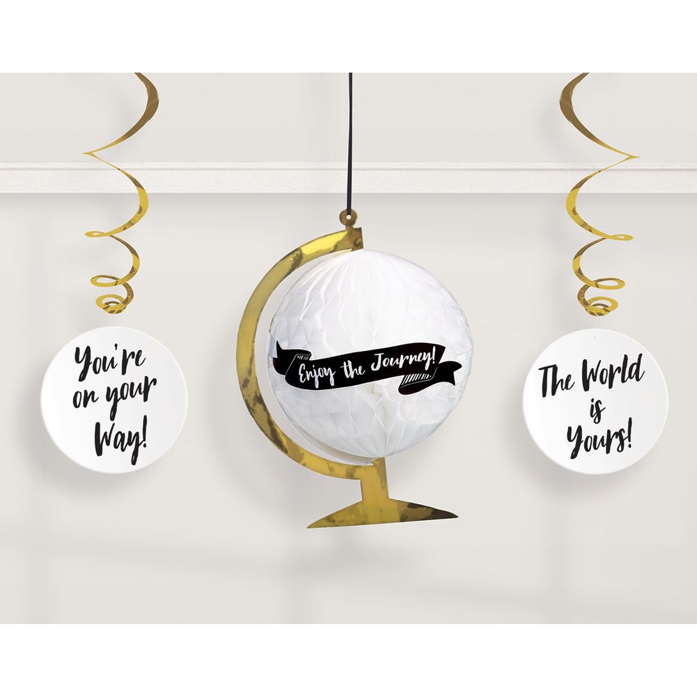Grad Globe Honeycomb Decoration - Black, Silver, & Gold Dangling Cutouts (3 ct)
