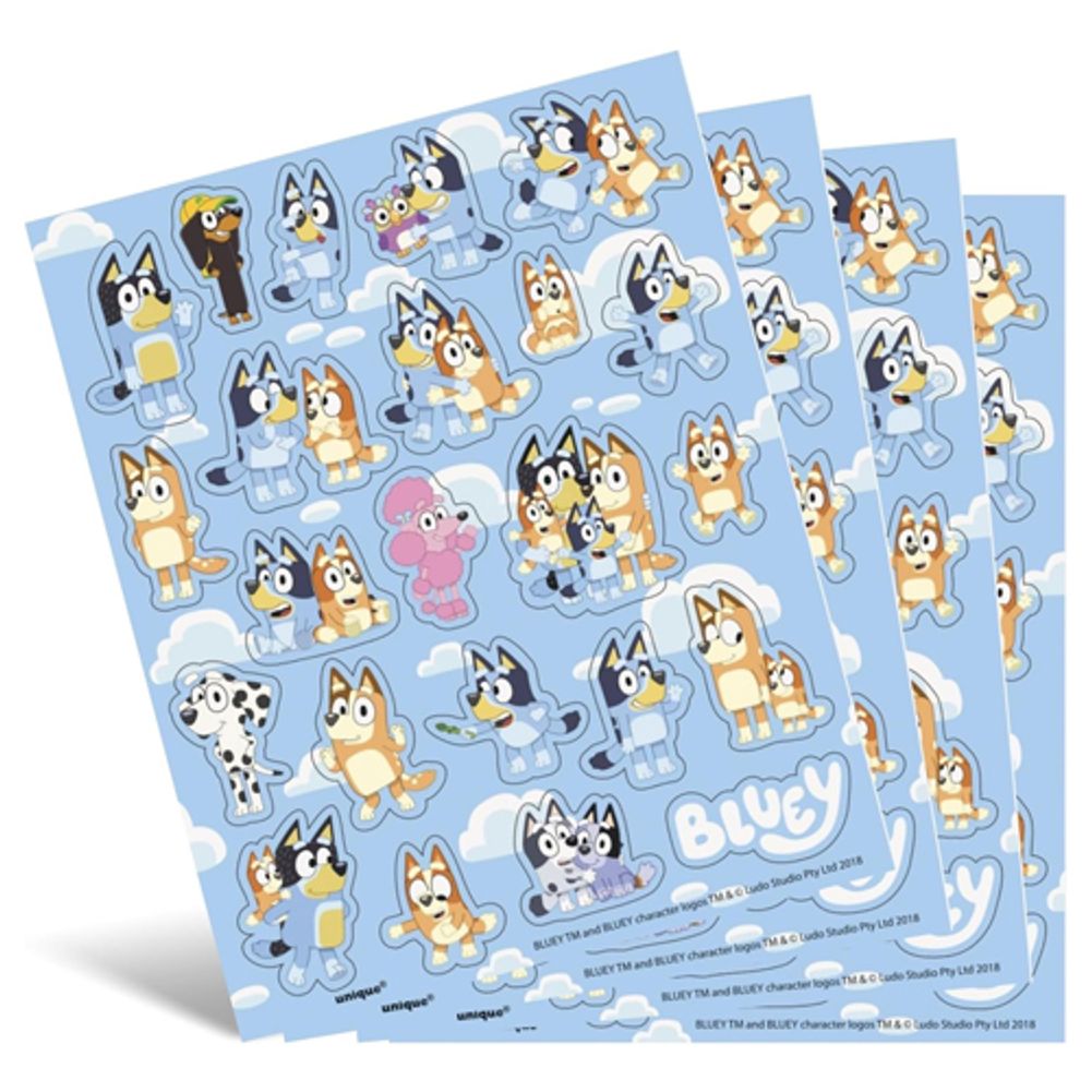 Vibrant Bluey Sticker Sheets set with 4 sheets containing 92 fun stickers for kids' crafts and decorations.