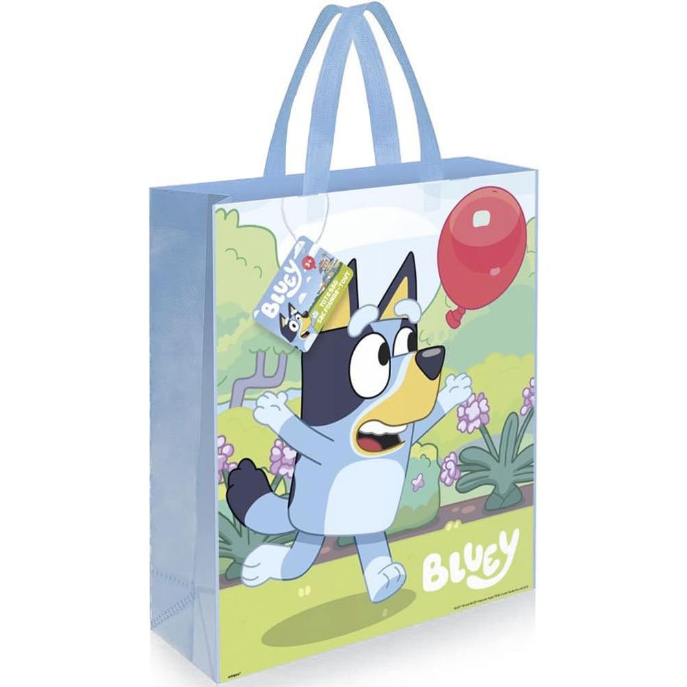 Colorful Party Tote Bag featuring Bluey, perfect for birthday parties and themed events, showcasing its spacious design and playful graphics.