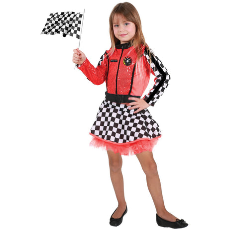 Model wearing Lola Stars girls' racer costume: red racing jacket with checkered stripes and checkered tulle-trim skirt