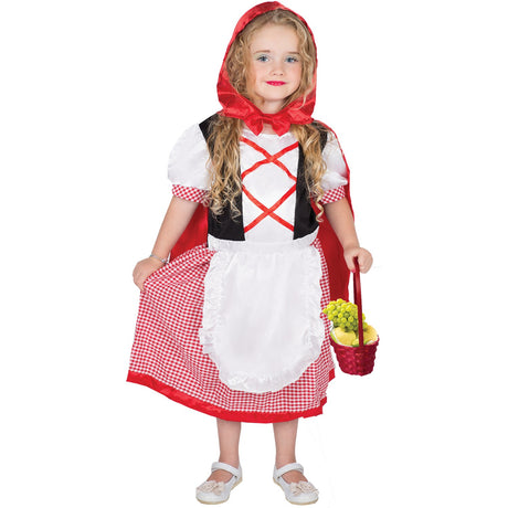 Model wearing Lola Stars toddler storybook costume: red gingham dress, white apron and red cape