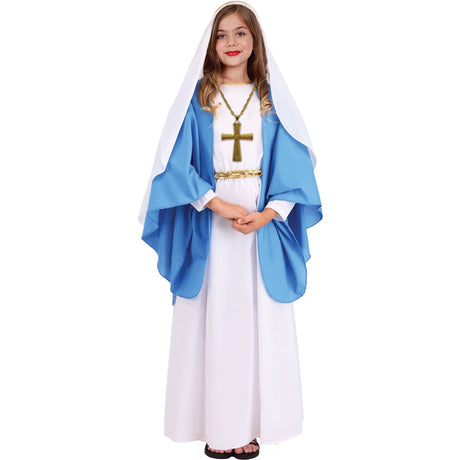 Model wearing Lola Stars girls' nativity costume: long white dress, gold braided belt, sky-blue shawl and white head cover