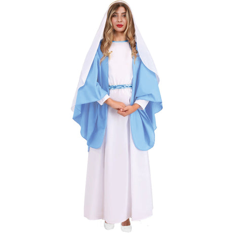 Model wearing Lola Stars women's Blessed Maiden costume: white dress, sky-blue shawl, blue belt and white head cover