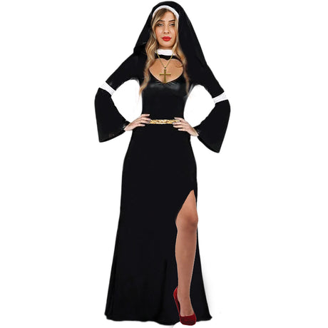 Model wearing Lola Stars women's nun costume: floor-length black dress with bell sleeves and black and white veil