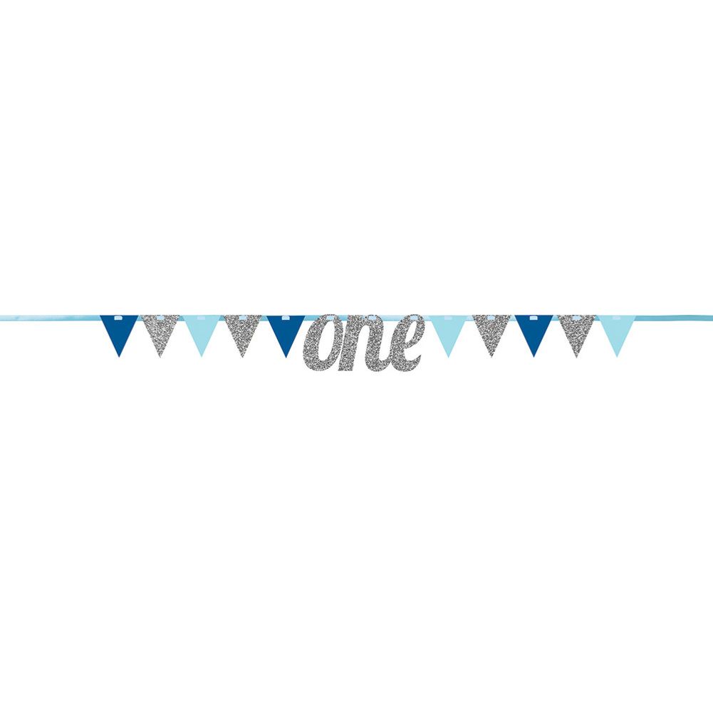Blue Glitter One First Birthday Pennant Banner