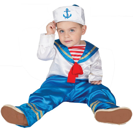 Model wearing Lola Stars baby sailor costume: white sailor shirt with red neckerchief, blue pants and anchor sailor hat